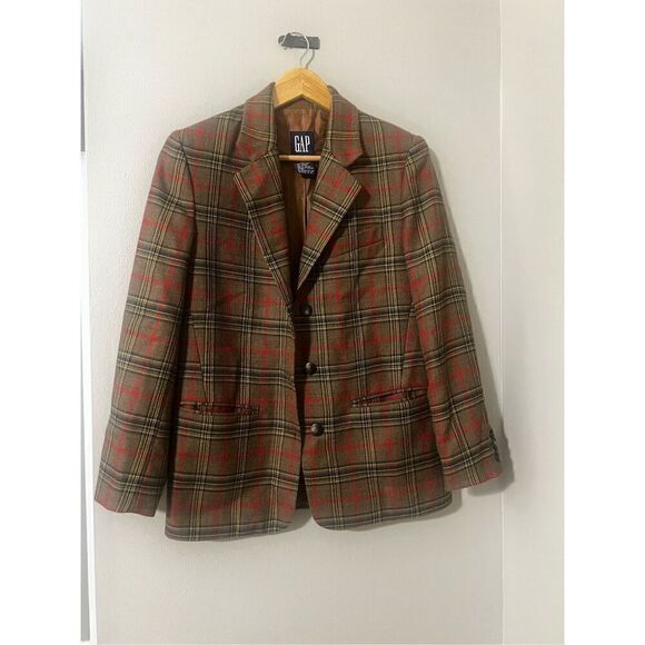 Gap Womens Size Small Wool Plaid Jacket Brown Red Green 3 Button Double Breasted - Picture 2 of 8